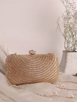 SWISNI - Golden Katdana Embellished Clutch With Detachable Strap (M)