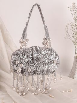 SWISNI - Grey Embellished Oval Clutch Bag (M)