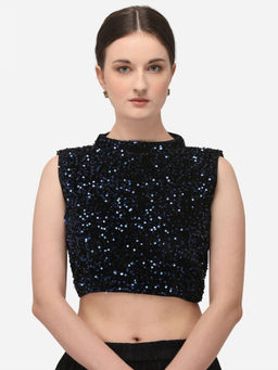 Amrutam Fab - Womens Navy Blue Velvet Stiched Blouse With Collar Neck