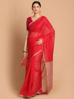 Indethnic - Banarasi Red Solid Daily Wear Saree With Unstitched Blouse