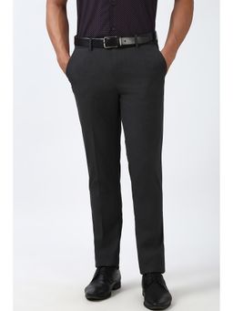 Peter England - Men Grey Textured Slim Fit Trousers