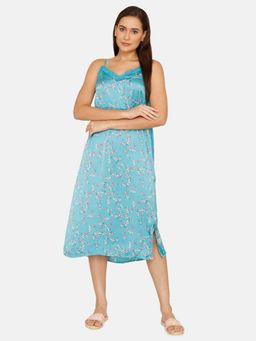 Zivame - Sprigged Florals Woven Mid Length Nightdress - Tile Blue