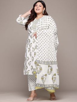 Readiprint - Straight Style Green Floral Kurta with Pant and Dupatta (Set of 2)