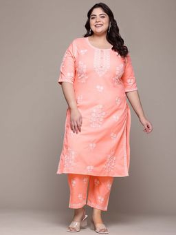 Readiprint - Straight Style Peach Floral Kurta with Pant (Set of 2)