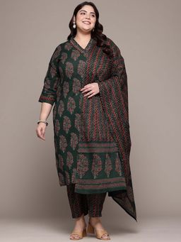 Readiprint - Straight Style Green Floral Kurta with Pant and Dupatta (Set of 2)