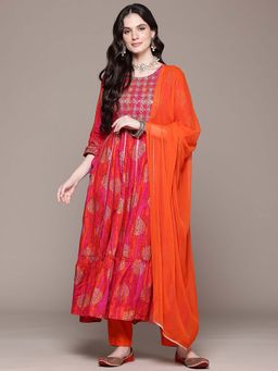 Readiprint - Flared Style Orange Embellished Anarkali Kurta with Pant and Dupatta (Set of 2)