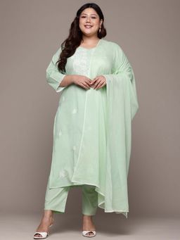 Readiprint - Straight Style Green Floral Kurta with Pant and Dupatta (Set of 2)