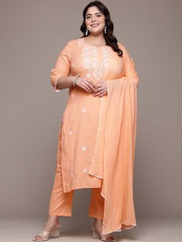 Readiprint - Straight Style Peach Floral Kurta with Pant and Dupatta (Set of 2)