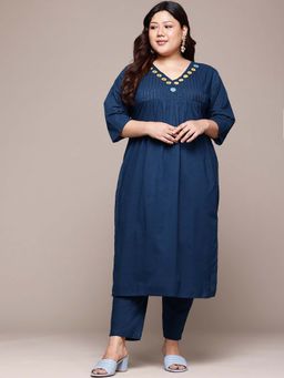 Readiprint - Straight Style Navy Blue Floral Kurta with Pant (Set of 2)