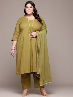 Readiprint - A-Line Style Olive Embellished Kurta with Pant and Dupatta (Set of 2)
