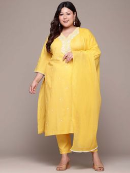 Readiprint - Straight Style Yellow Floral Kurta with Pant and Dupatta (Set of 2)