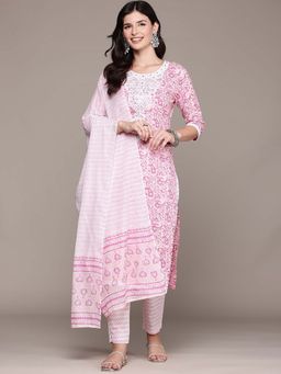 Readiprint - Straight Style Pink Paisley Kurta with Pant and Dupatta (Set of 2)