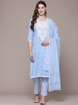 Readiprint - Straight Style Blue Paisley Kurta with Pant and Dupatta (Set of 2)