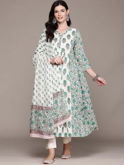 Readiprint - Flared Style Green Floral Anarkali Kurta with Pant and Dupatta (Set of 2)
