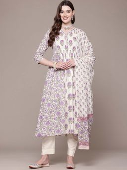 Readiprint - Flared Style Purple Floral Anarkali Kurta with Pant and Dupatta (Set of 2)