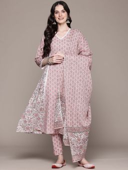 Readiprint - A-Line Style Peach Floral Kurta with Pant and Dupatta (Set of 2)