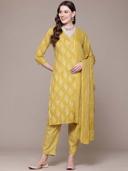 Readiprint - Straight Style Mustard Embroidered Kurta with Pant and Dupatta (Set of 2)