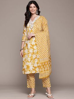 Readiprint - Straight Style Yellow Floral Kurta with Pant and Dupatta (Set of 2)