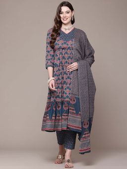 Readiprint - Flared Style Blue Printed Anarkali Kurta with Pant and Dupatta (Set of 2)