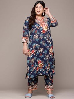 Readiprint - Straight Style Navy Blue Floral Kurta with Pant (Set of 2)