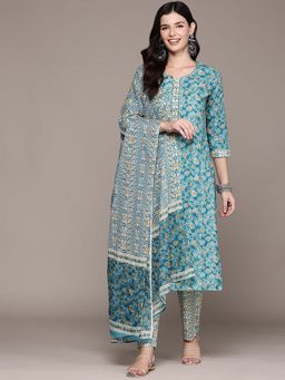 Readiprint - Straight Style Turquoise Embellished Kurta with Pant and Dupatta (Set of 2)