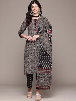 Readiprint - Straight Style Black Printed Kurta with Pant and Dupatta (Set of 2)