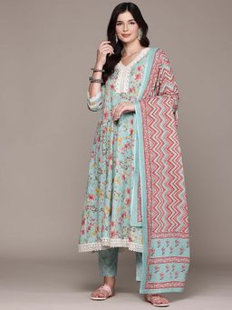 Readiprint - Flared Style Blue Floral Anarkali Kurta with Pant and Dupatta (Set of 2)