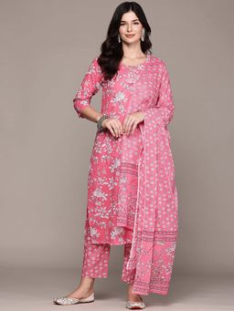 Readiprint - Straight Style Pink Floral Kurta with Pant and Dupatta (Set of 2)