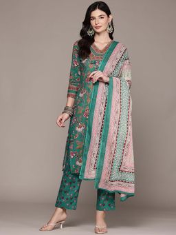 Readiprint - Straight Style Green Floral Kurta with Pant and Dupatta (Set of 2)