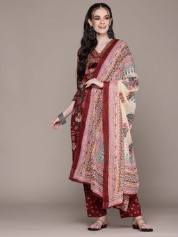 Readiprint - Straight Style Maroon Floral Kurta with Pant and Dupatta (Set of 2)