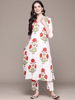 Readiprint - Straight Style White Floral Kurta with Pant (Set of 2)