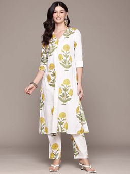 Readiprint - Straight Style White Floral Kurta with Pant (Set of 2)
