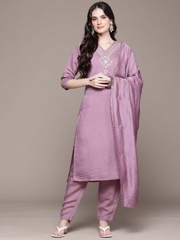 Readiprint - Straight Style Mauve Floral Kurta with Pant and Dupatta (Set of 2)