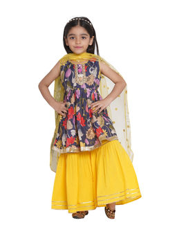 Little Bansi - Girls Banarasi Kurta Striped Sharara With Dupatta-purple (Set of 3)