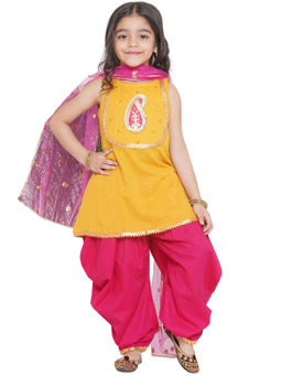 Little Bansi - Kurta With Ghungroo-booti Work Salwar & Dupatta-yellow & Rani (Set of 3)