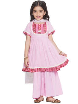 Little Bansi - Floral Patch & Lace Work Kurta With Sharara & Dupatta-pink (Set of 3)