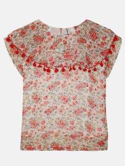 KiddoPanti - White Girls Polyester Pom Pom Lace Top