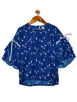 KiddoPanti - Blue Girls Polyester Bell Frill Sleeves Printed Top