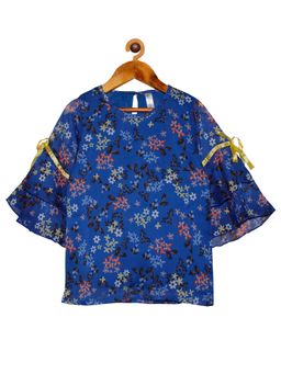 KiddoPanti - Blue Girls Polyester Bell Frill Sleeves Printed Top