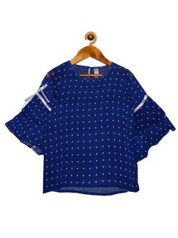 KiddoPanti - Navy Blue Girls Georgette Bell Frill Sleeves Top