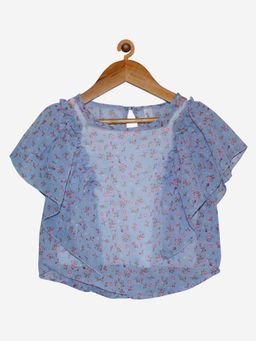 KiddoPanti - Blue Girls Polyester Frill Shoulder Top