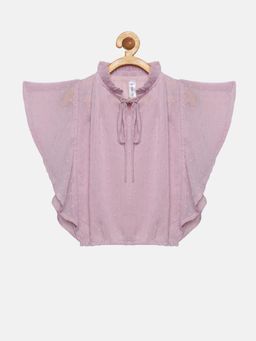 KiddoPanti - Pink Girls Polyester Butterfly Sleeve Top With Neck Tie Up