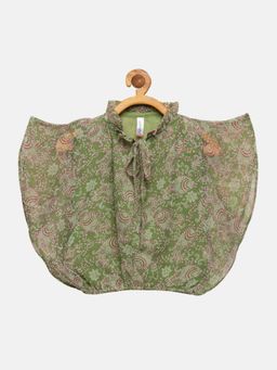 KiddoPanti - Green Girls Polyester Butterfly Sleeve Top With Neck Tie Up