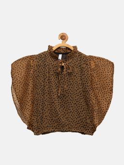 KiddoPanti - Brown Girls Polyester Butterfly Sleeve Top With Neck Tie Up