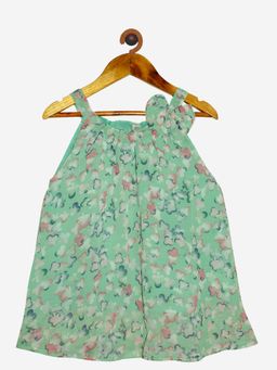 KiddoPanti - Green Girls Polyester Shoulder Straps Top With Bow