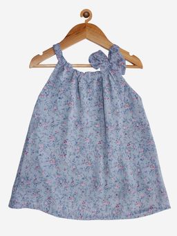KiddoPanti - Blue Girls Polyester Shoulder Straps Top With Bow
