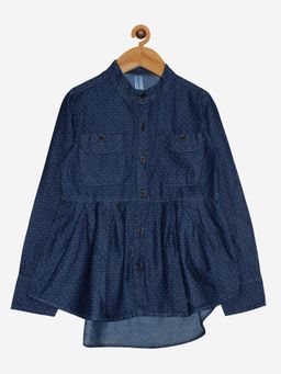 KiddoPanti - Indigo Girls Cotton Full Sleeve Dobby Shirt With Pleated Bottom