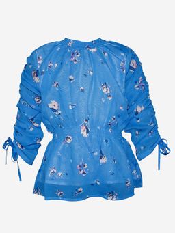 KiddoPanti - Blue Girls Polyester Gathered Full Sleeve With Smocking Waist Top