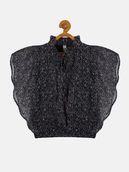 KiddoPanti - Black Girls Polyester Butterfly Sleeve Top With Neck Tie Up