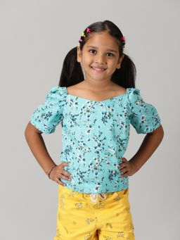 KiddoPanti - Aqua Girls Polyester Ruched Sleeve Short Top